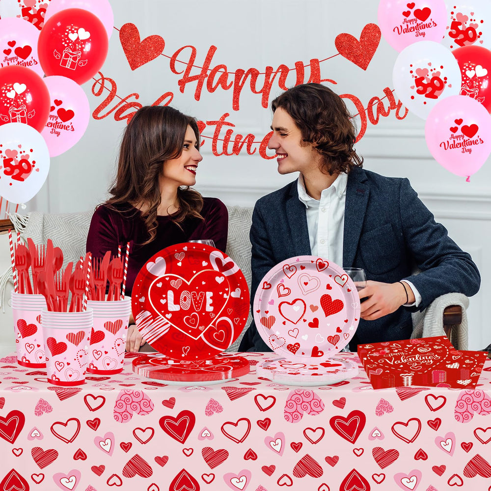 Valentine's Day party supplies napkins in vibrant red complement plates and create a cohesive look.