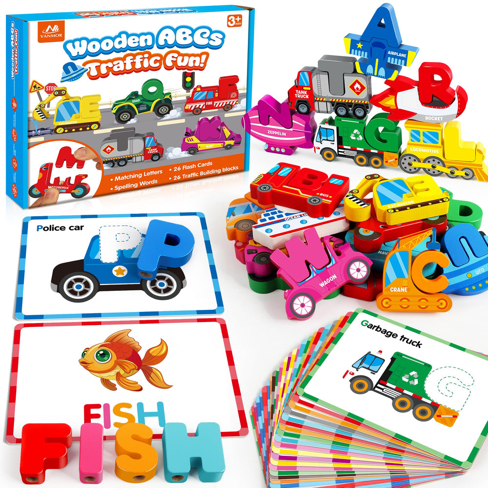 Vanmor wooden vehicle alphabet blocks for letter recognition and fine motor practice.
