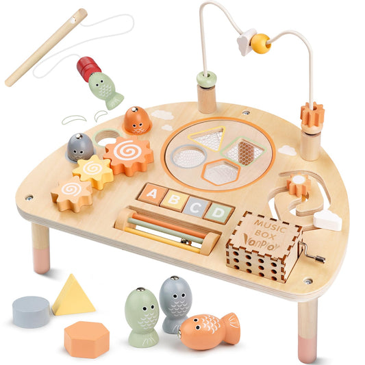 Vanplay 8-in-1 wooden activity table with varied toddler learning stations.