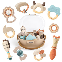 Vanplay baby rattles and teethers set packaging showcases the complete 10-piece collection for newborn play.