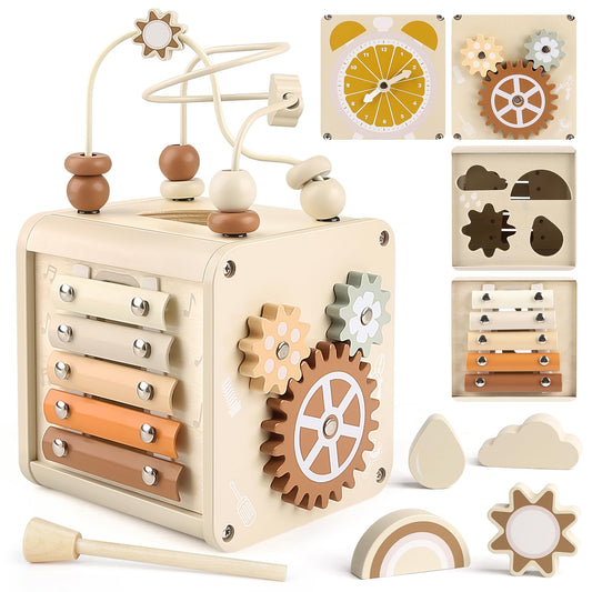 Vanplay Montessori 5in1 activity cube bead maze boosts fine motor skills.
