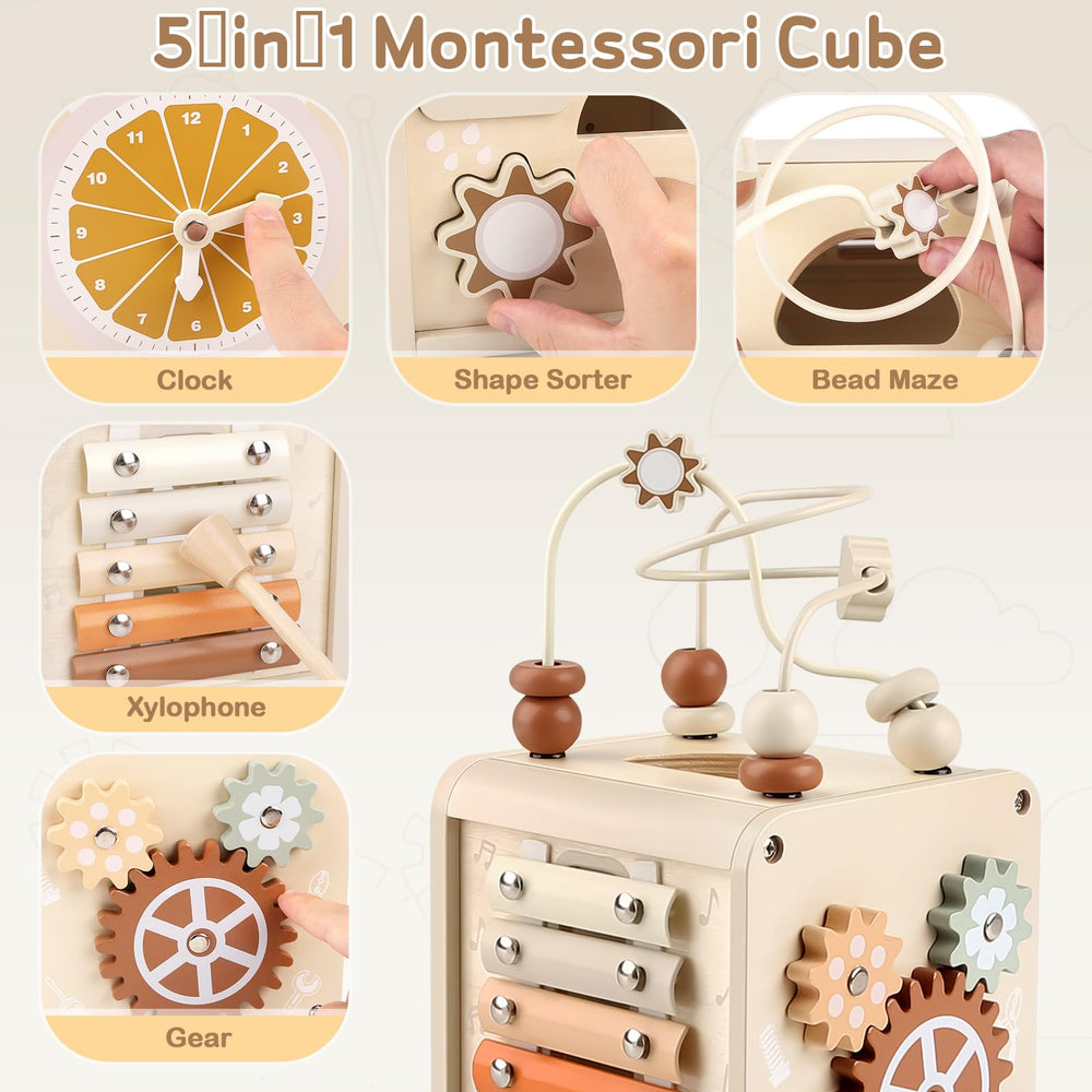 Vanplay Montessori 5in1 activity cube xylophone provides tactile musical play.