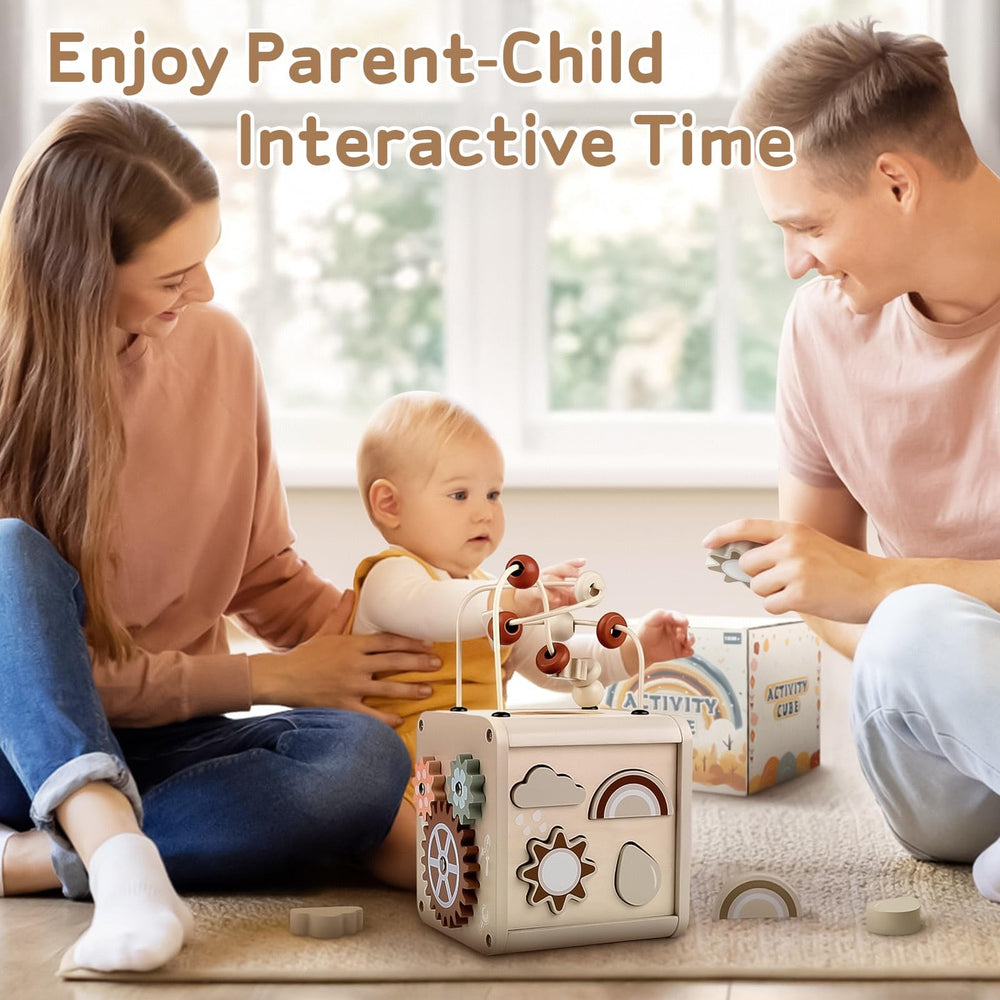 Vanplay Montessori 5in1 activity cube smooth wood edges ensure safe play.