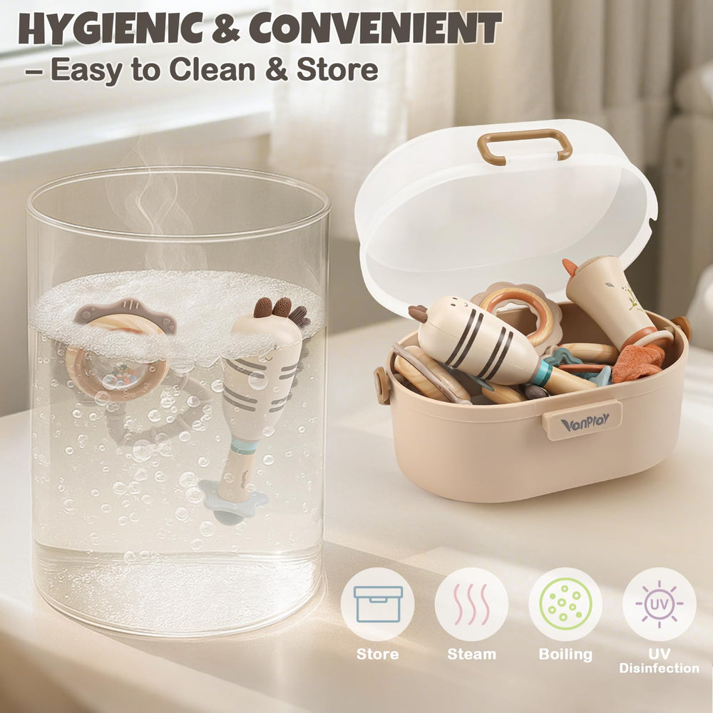 Vanplay storage box with carry handle keeps toys organized during trips.