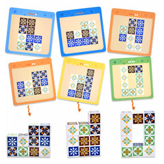 Varbertos pattern block puzzles showing shapes and cards for cognitive skills.