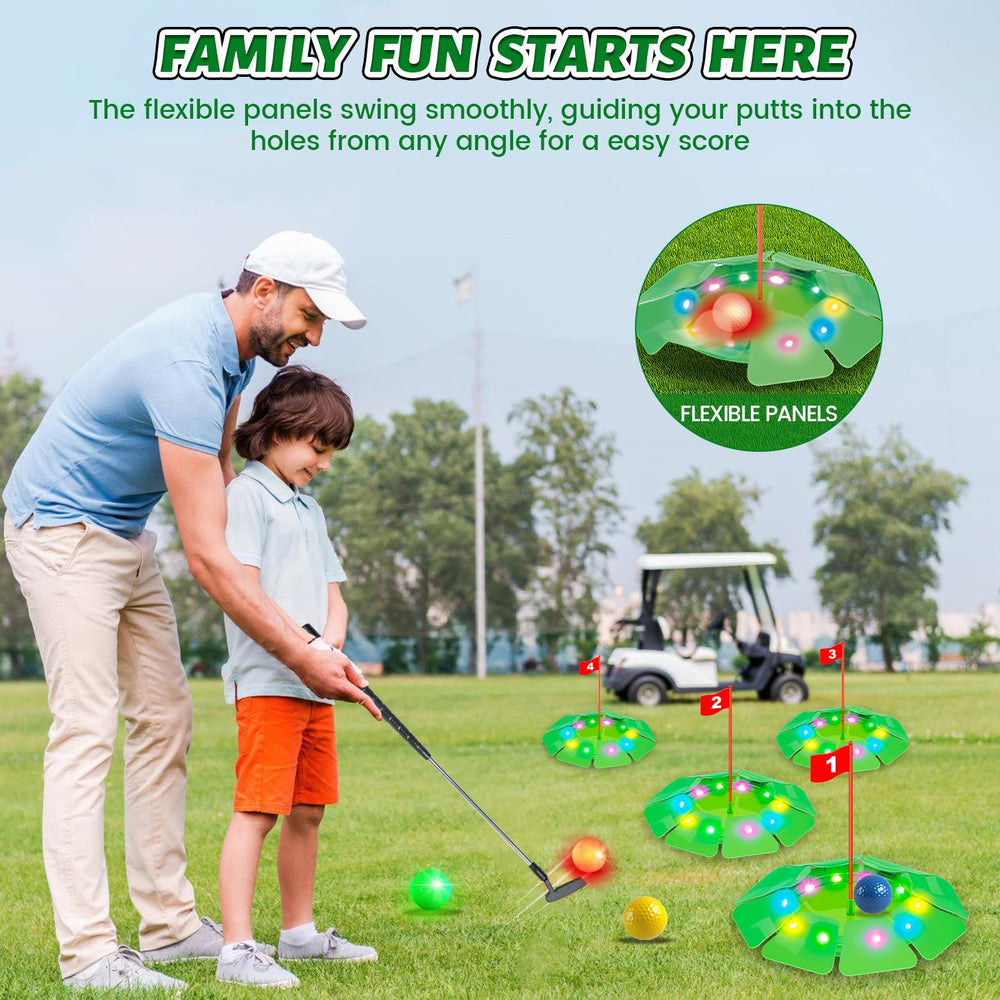 VATOS LED golf balls auto-light for easy nighttime putting practice.