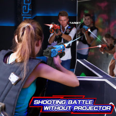 VATOS projection targets on wall show UFOs and dinosaurs for dynamic battles.