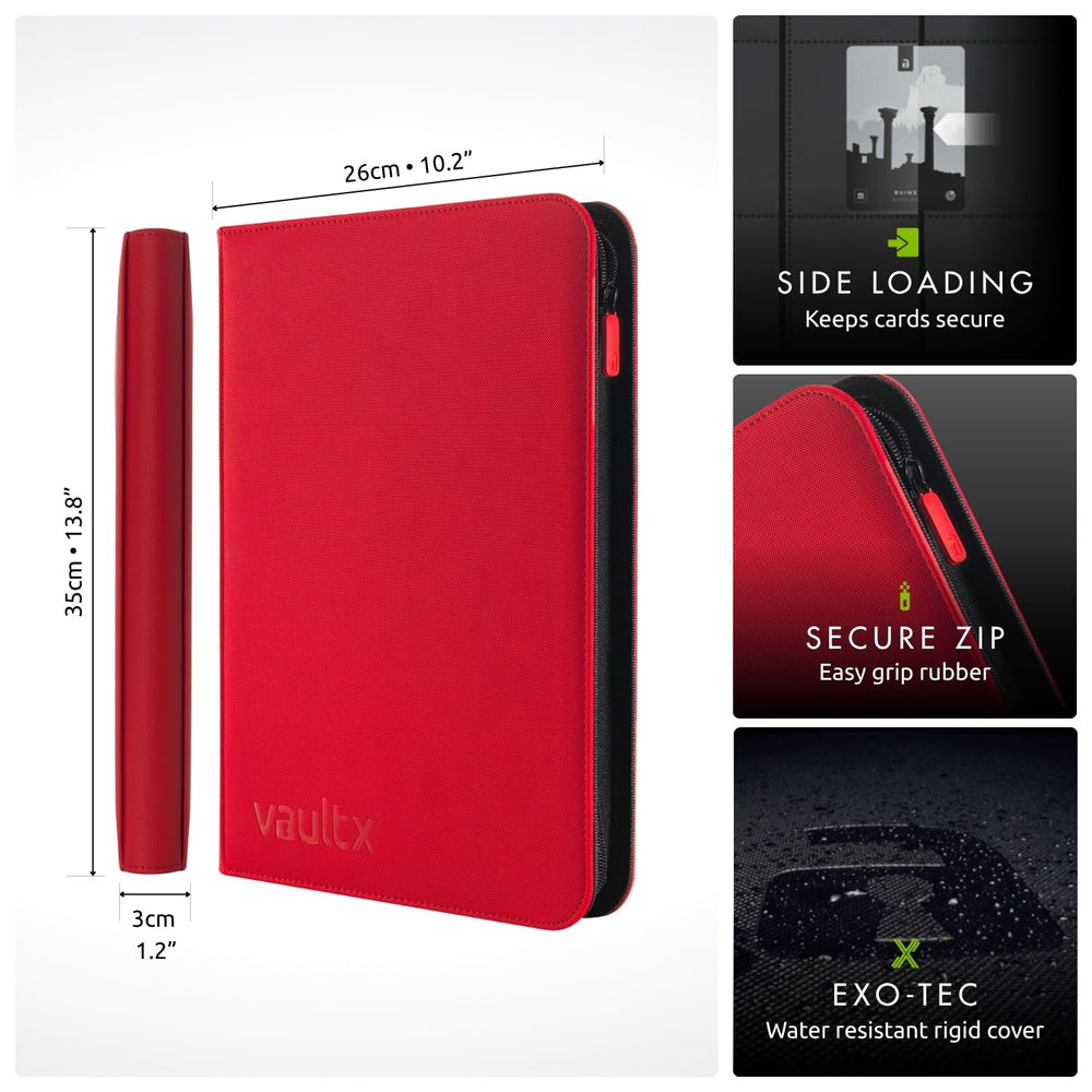 Vault X binder shows 360-card capacity and zip closure for travel.