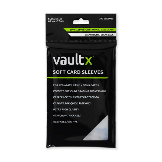 Vault X Soft Sleeves 200-pack closeup showing crystal-clear archival protection for standard trading cards.