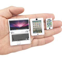 Vawuz dollhouse mini laptop in silver opens for interactive scenes.