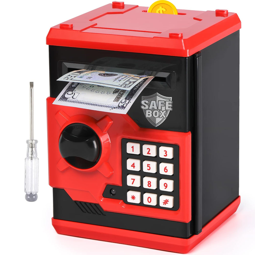 Vcertcpl ATM piggy bank front view showing secure 4-digit code for kids' savings