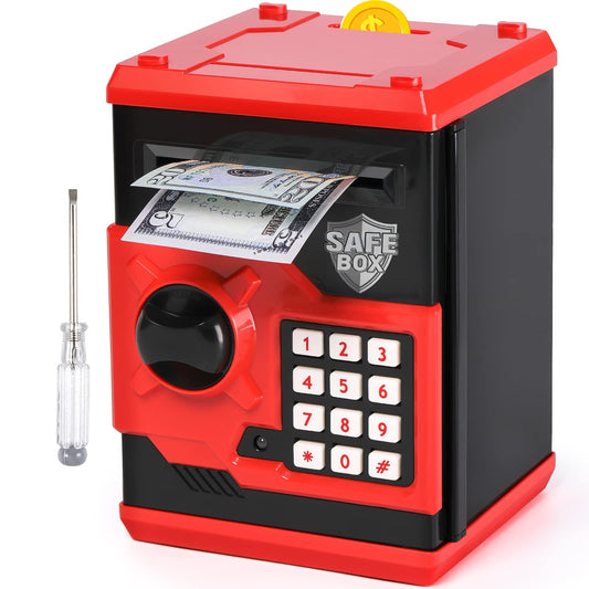 Vcertcpl ATM piggy bank front view showing secure 4-digit code for kids' savings
