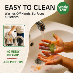 Veggie Baby easy cleanup image communicates simple washing from hands and surfaces.