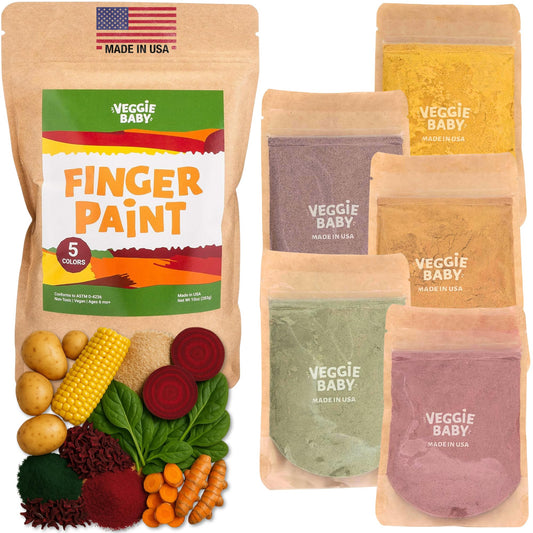 Veggie Baby edible finger paint packaging, easy-to-store set for quick play sessions.