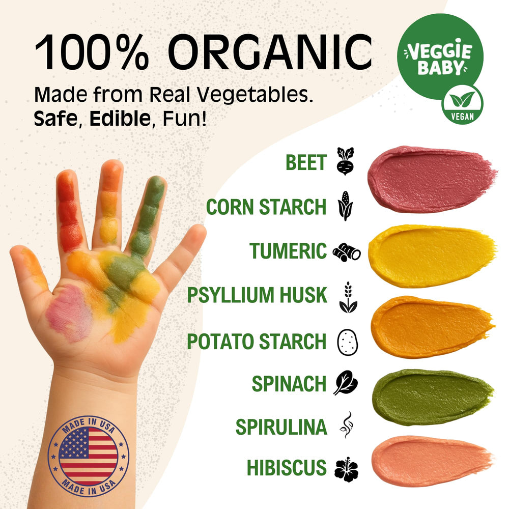 Veggie Baby vegetable color pouches arranged for vibrant, safe colors ready for sensory play.