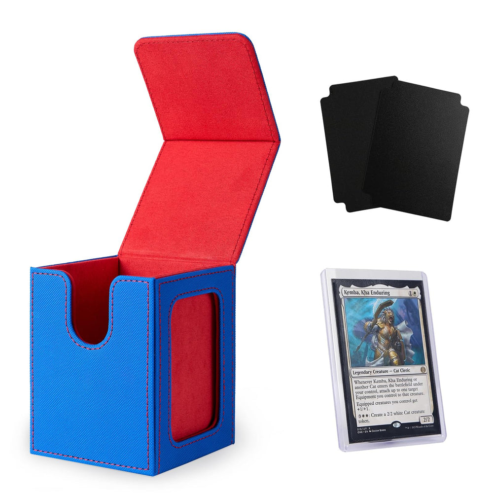 Venssu MTG deck box commander display front view with blue red accents and organized layout