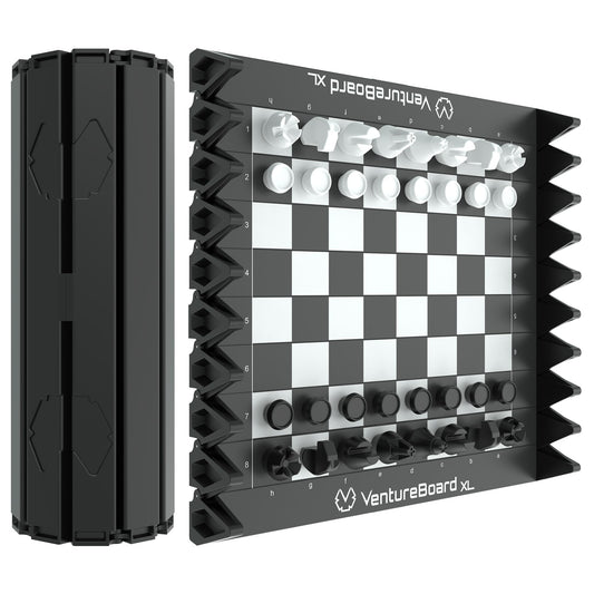 VentureBoard XL folding chess board rolled in compact shell for easy transport.