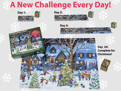 1000-piece puzzle pieces spread on a thick premium board by Vermont Christmas Company.