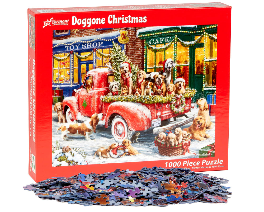 Vermont Christmas Company Doggone Puzzle table layout shows ready-to-assemble setup for holiday gatherings.