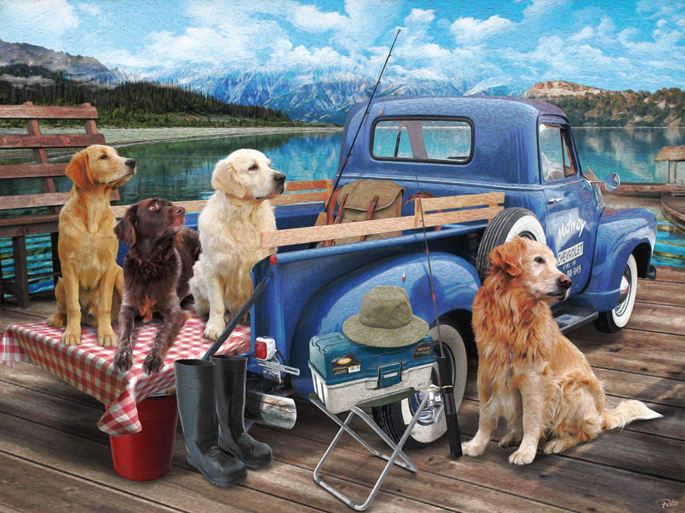 Vermont Christmas Company Dogs Gone Fishing puzzle box front, inviting family puzzle fun.