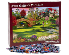 Finished display-ready Golfer's Paradise puzzle on a premium board by Vermont Christmas Company.