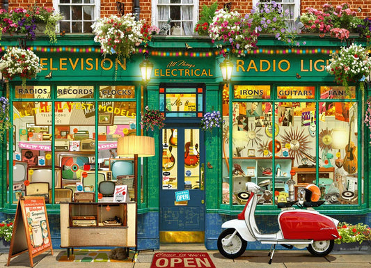Vermont Christmas Company vintage shop jigsaw puzzle 1000-piece cover enhances family puzzle time