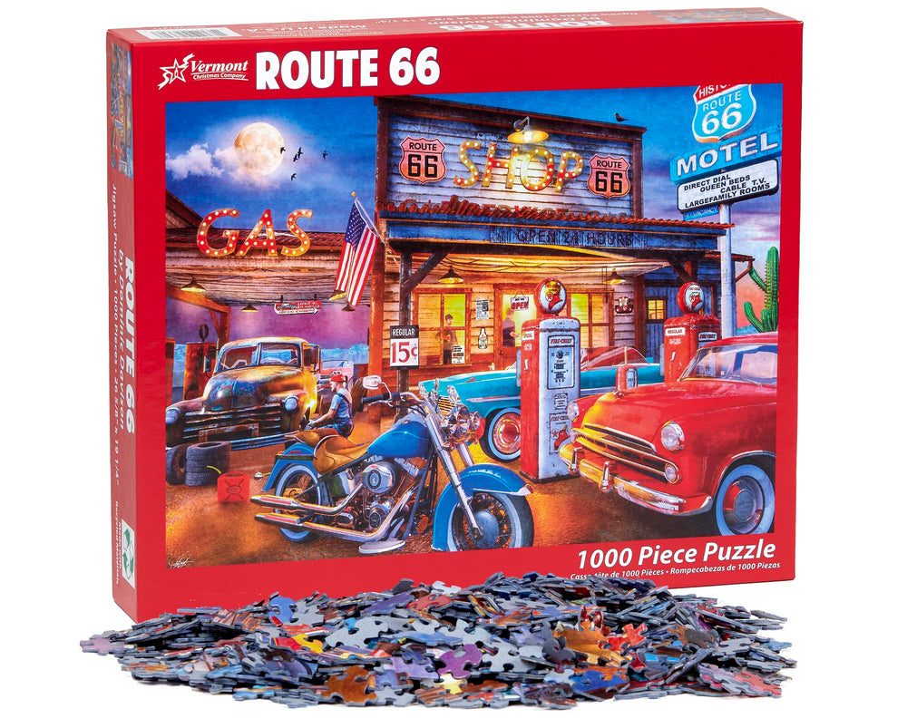 Vermont Christmas Company Route 66 puzzle on premium board for durability.