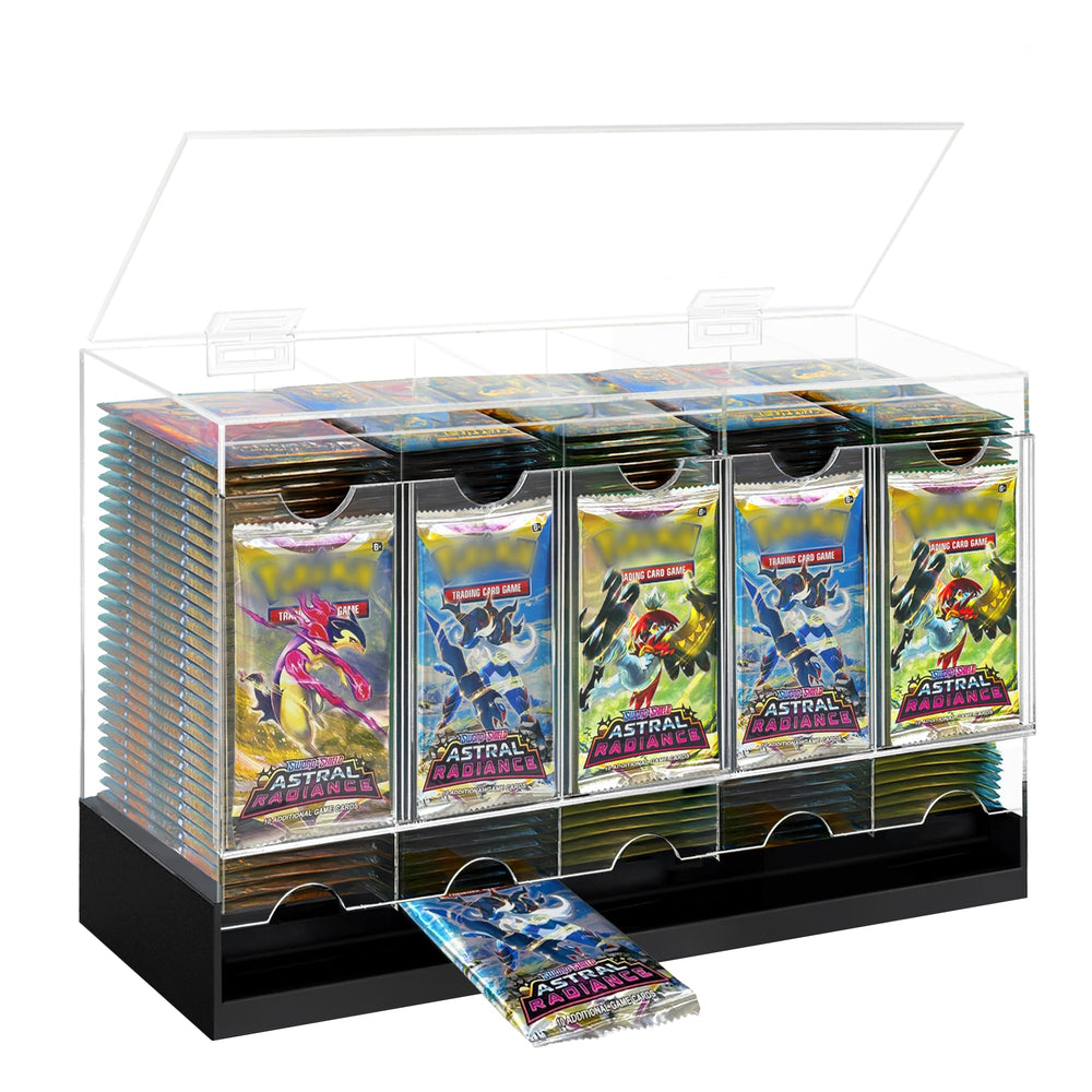 Verssure 5-slot booster pack dispenser front view displaying organized trading card packs for easy browsing.