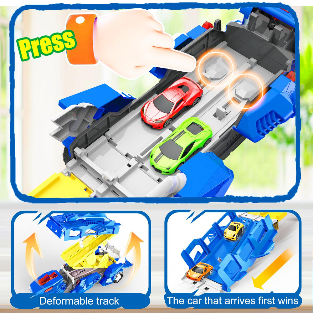 VESIHOLO dinosaur-truck double-track extends to a long racing layout for two cars.
