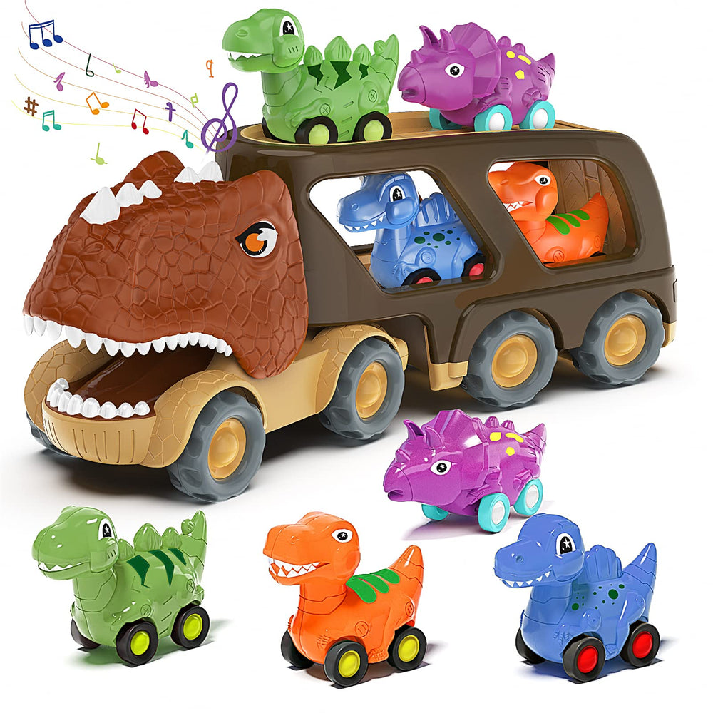Veslier dinosaur truck front view with bright colors for engaging play