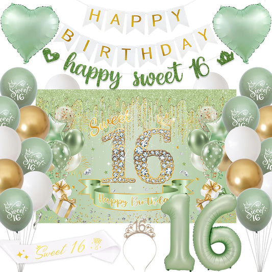 VeyoCraft sage green banner enhances Sweet 16 party visuals for elegant photos