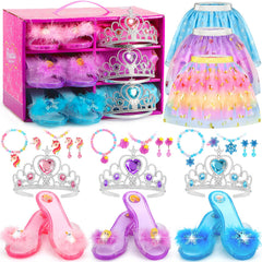 VGOFUN princess dress up shoes set in a colorful storage box for easy cleanup.
