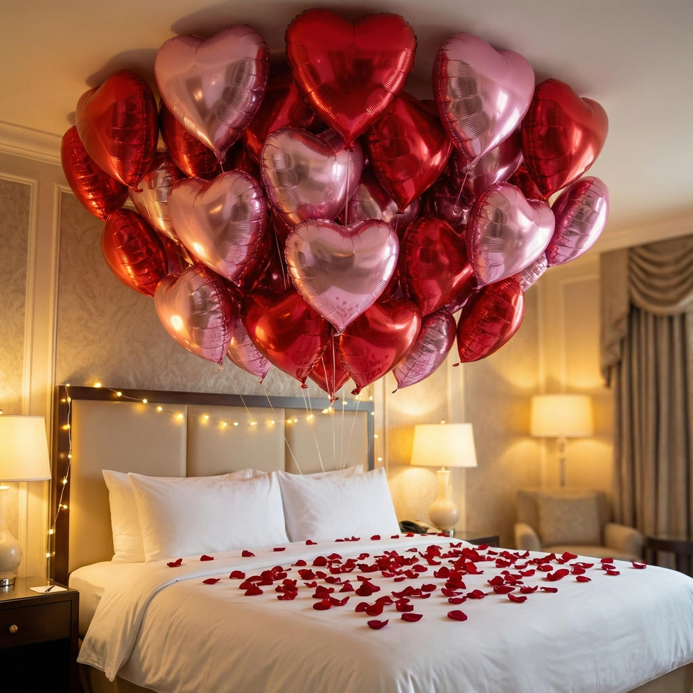 Viaecone ceiling cloud display with heart balloons to boost party ambiance.