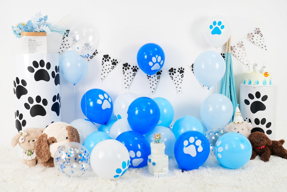 Vibzox Blue Confetti Paw Balloons add sparkle to indoor parties