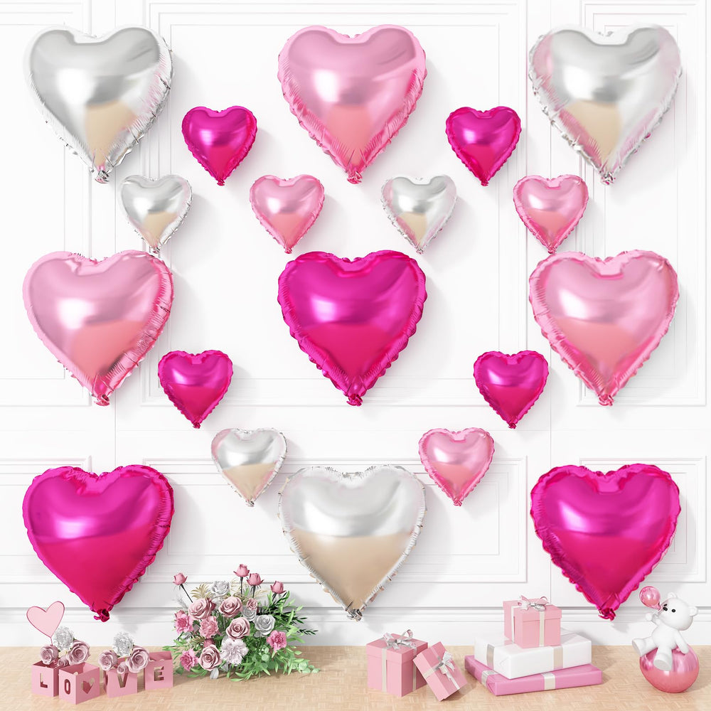 Vibzox hot pink and silver heart balloons in 18in height create a stylish centerpiece.