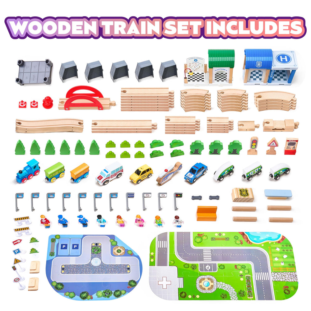 VigorFun wooden train pieces layout emphasizing modularity for creative town-building challenges