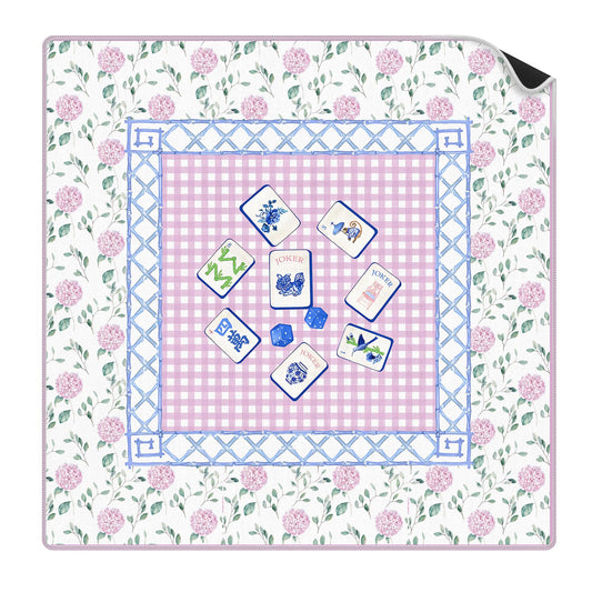 VIIJJUE pink hydrangea chinoiserie mahjong mat folded for easy storage.
