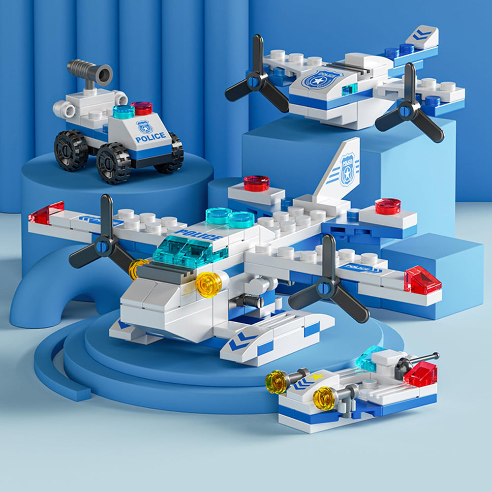 Build-in-action Vilbocr Sky Police airplane with colorful bricks in use
