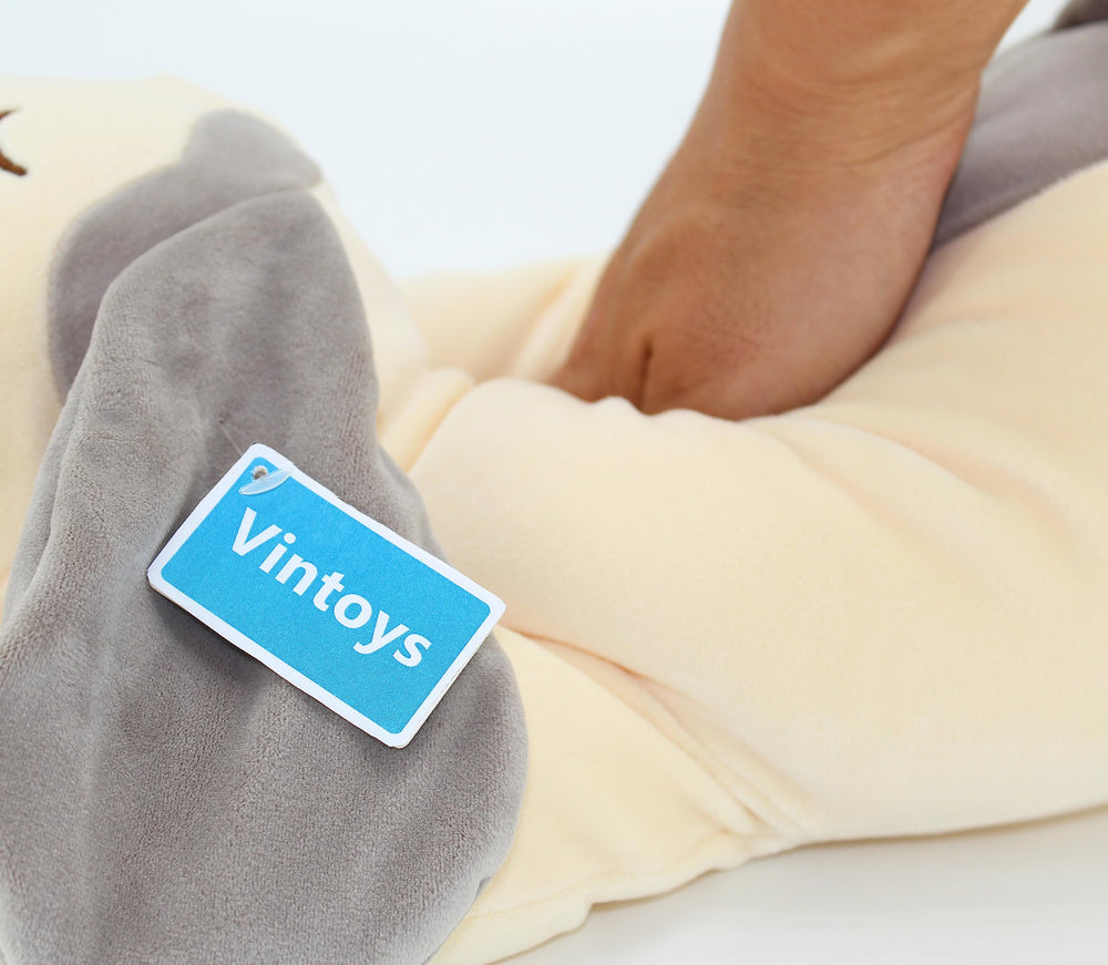 Vintoys gray dog plush pillow care guide for easy washing.