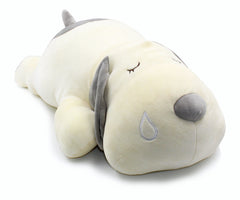 Vintoys gray plush dog side view shows soft texture for naps.