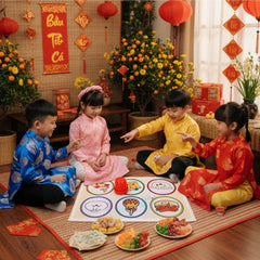 VioraWhite Bau Cua game mat patterns featuring dim sum and traditional motifs