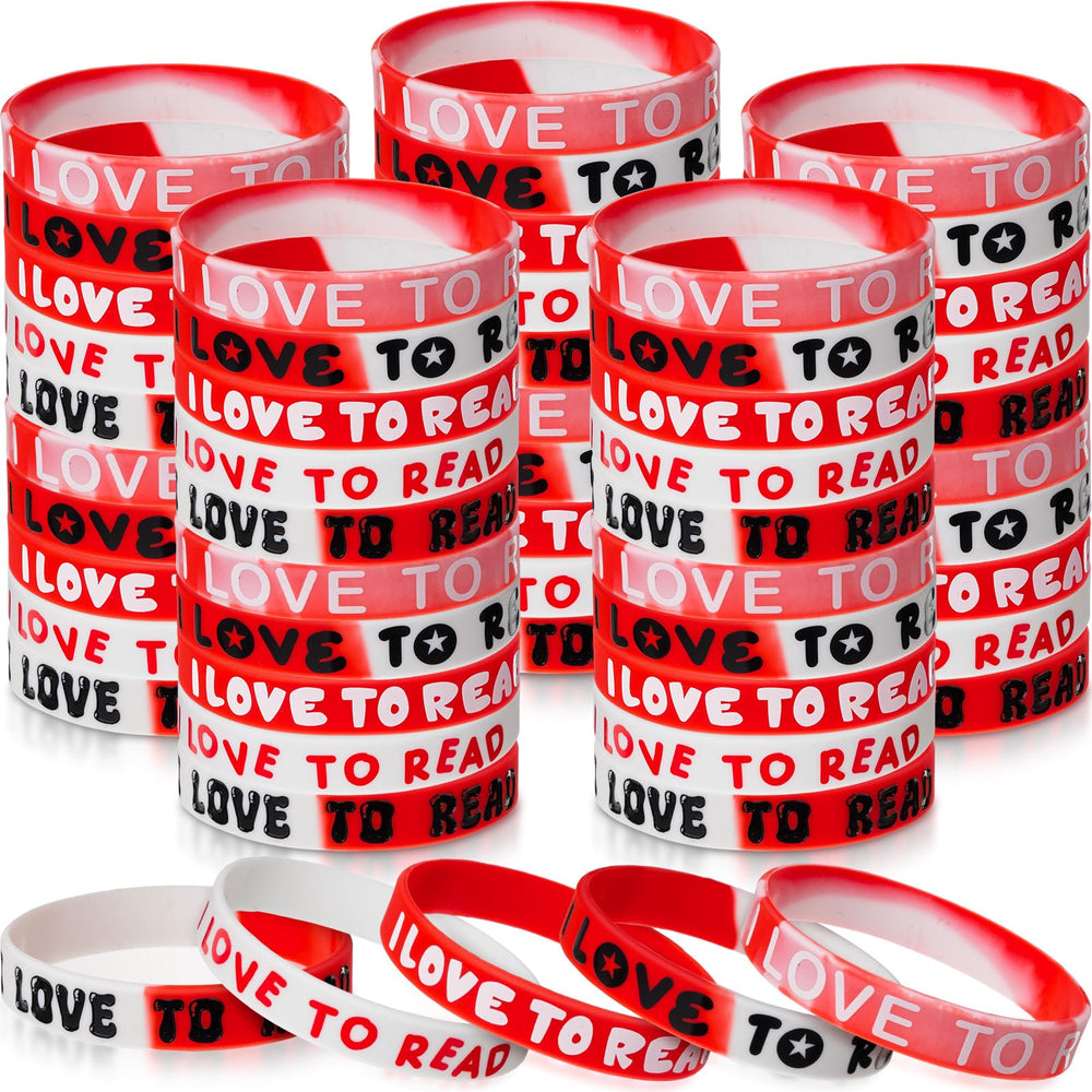 VioraWhite I Love to Read wristbands package with 60 silicone bracelets for classroom rewards.