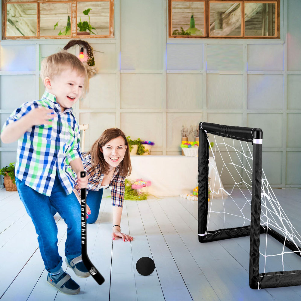 VioraWhite knee hockey set packaging shows all included pieces