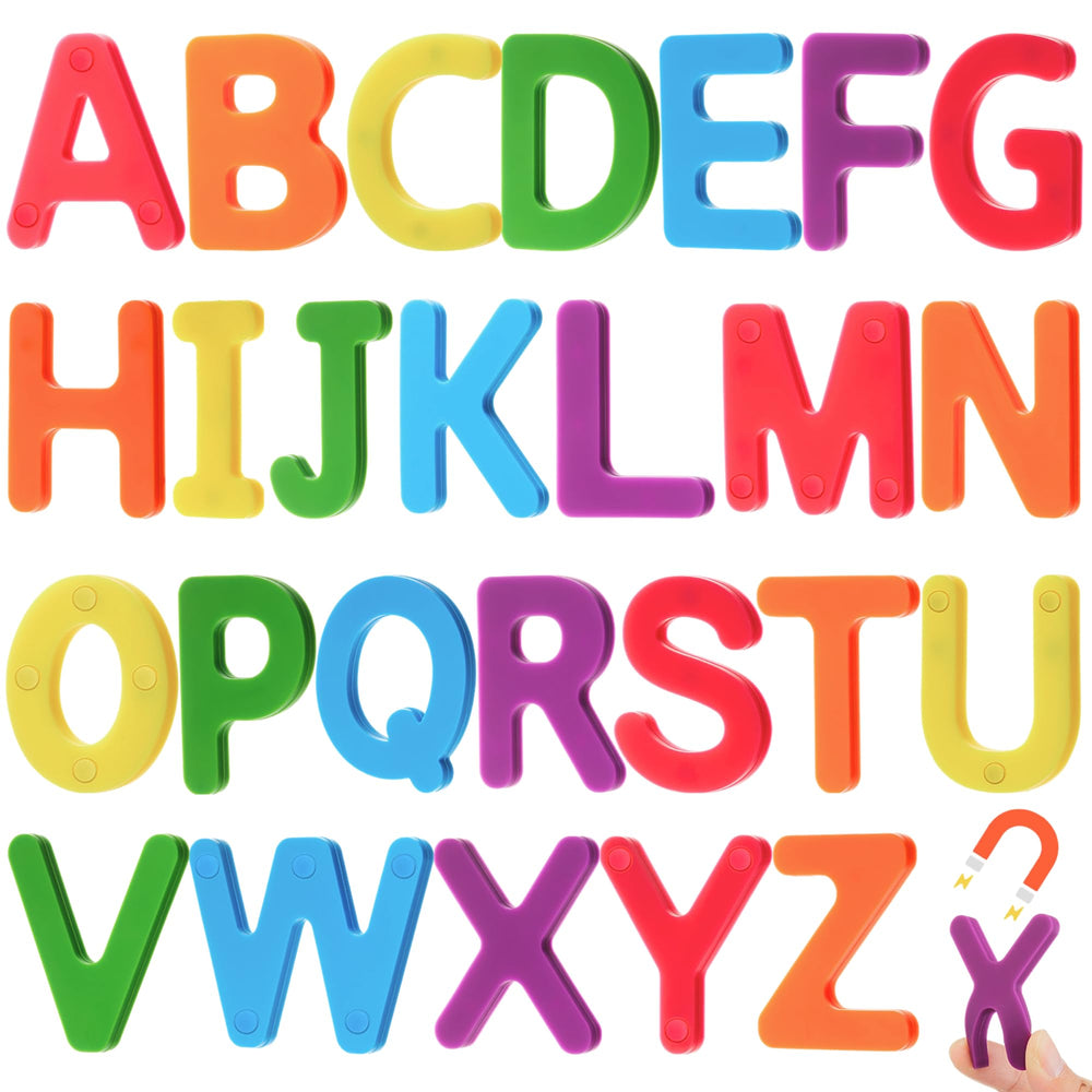 VioraWhite rainbow alphabet magnets on fridge support early literacy play.