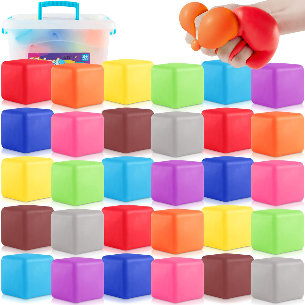 Viroucal slow-rise stress cube 30-pack packshot shows colorful, portable tactile cubes for calm moments