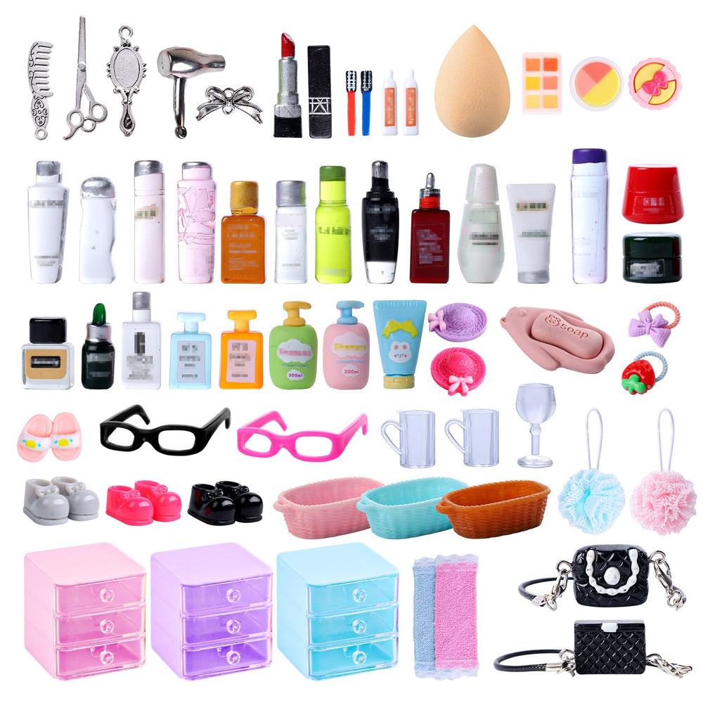 VITASY 76pcs dollhouse bathroom set with mini toiletries for lifelike scenes.