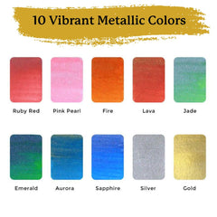 Viviva metallic watercolors glow on paper, enhancing travel art sessions.