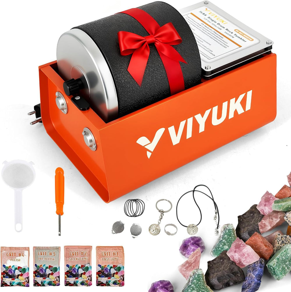 VIYUKI Rock Tumbler Kit front view, ready for gemstone polishing with starter materials.