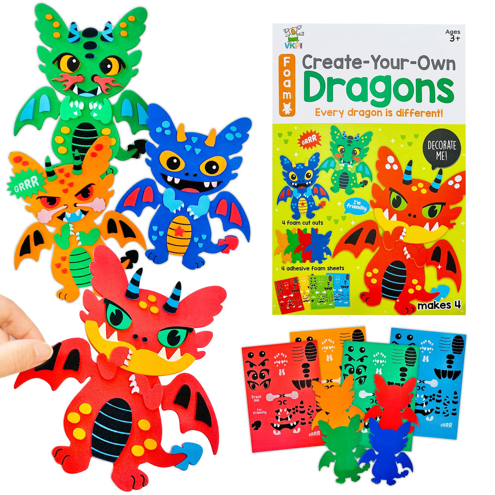 VKPI dragons foam art kit: colorful dragons for creative play and fine motor practice.