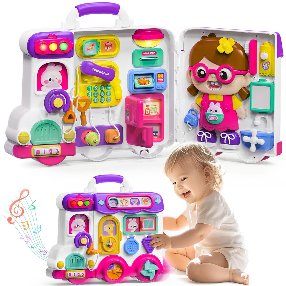 VOILBTOY Busy Board with colorful cartoon design and wheels for mobile play.